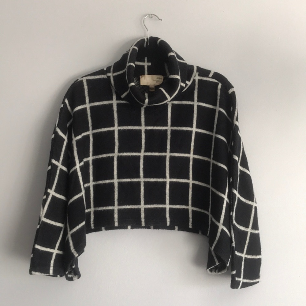 JOA Black Cropped Windowpane Sweater